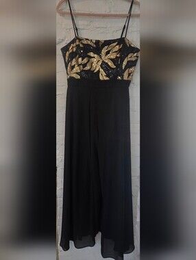 London Times Black and Gold Sequin Leaf Bodice Wide-leg Jumpsuit with Overlay
